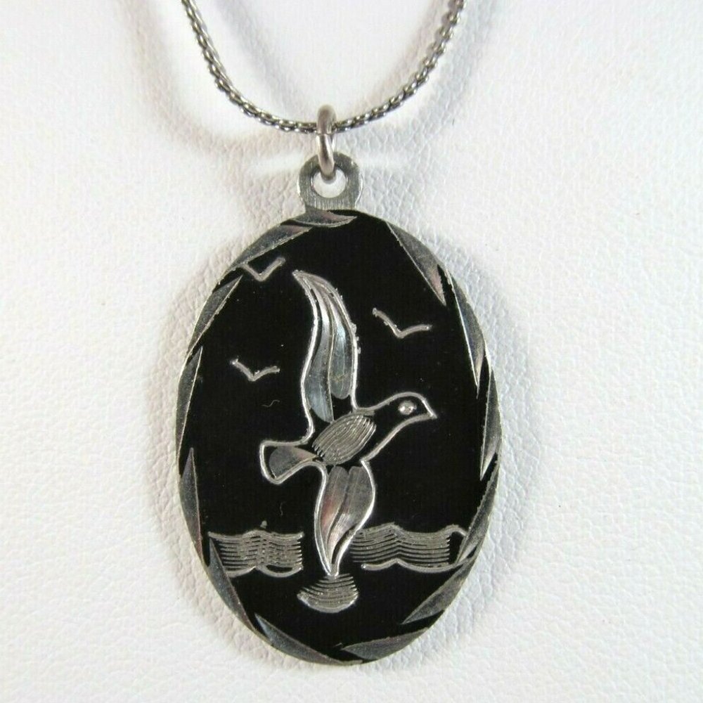Etched Flying Bird Pewter Pendant Necklace Vintage